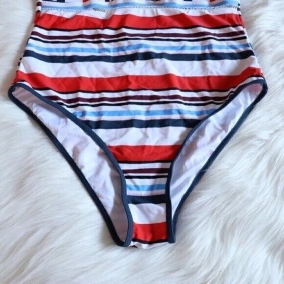 NWT Stripe Print One Piece Bathing Suit Size Large White Orange Blue Swimsuit - Picture 3 of 11